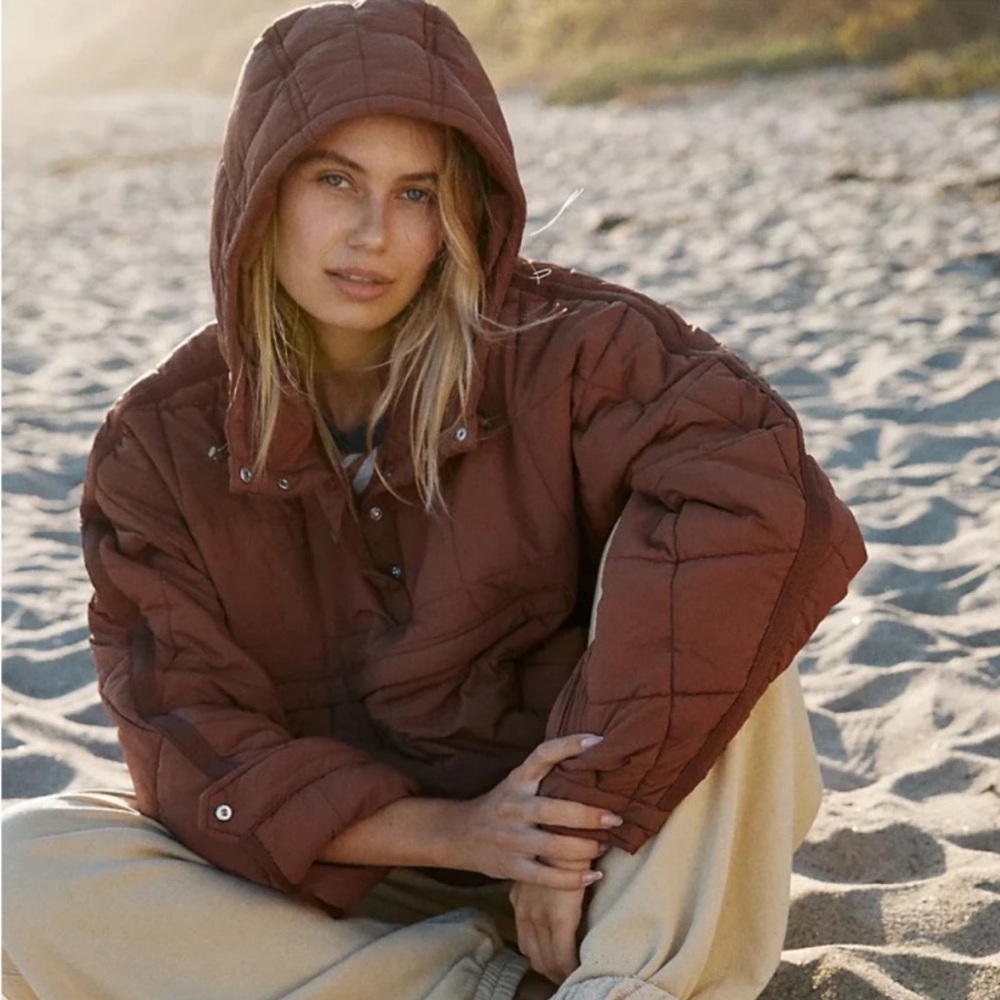 Free People Quilted Hooded Puff Jacket in Rust Brown - Picture 3 of 13